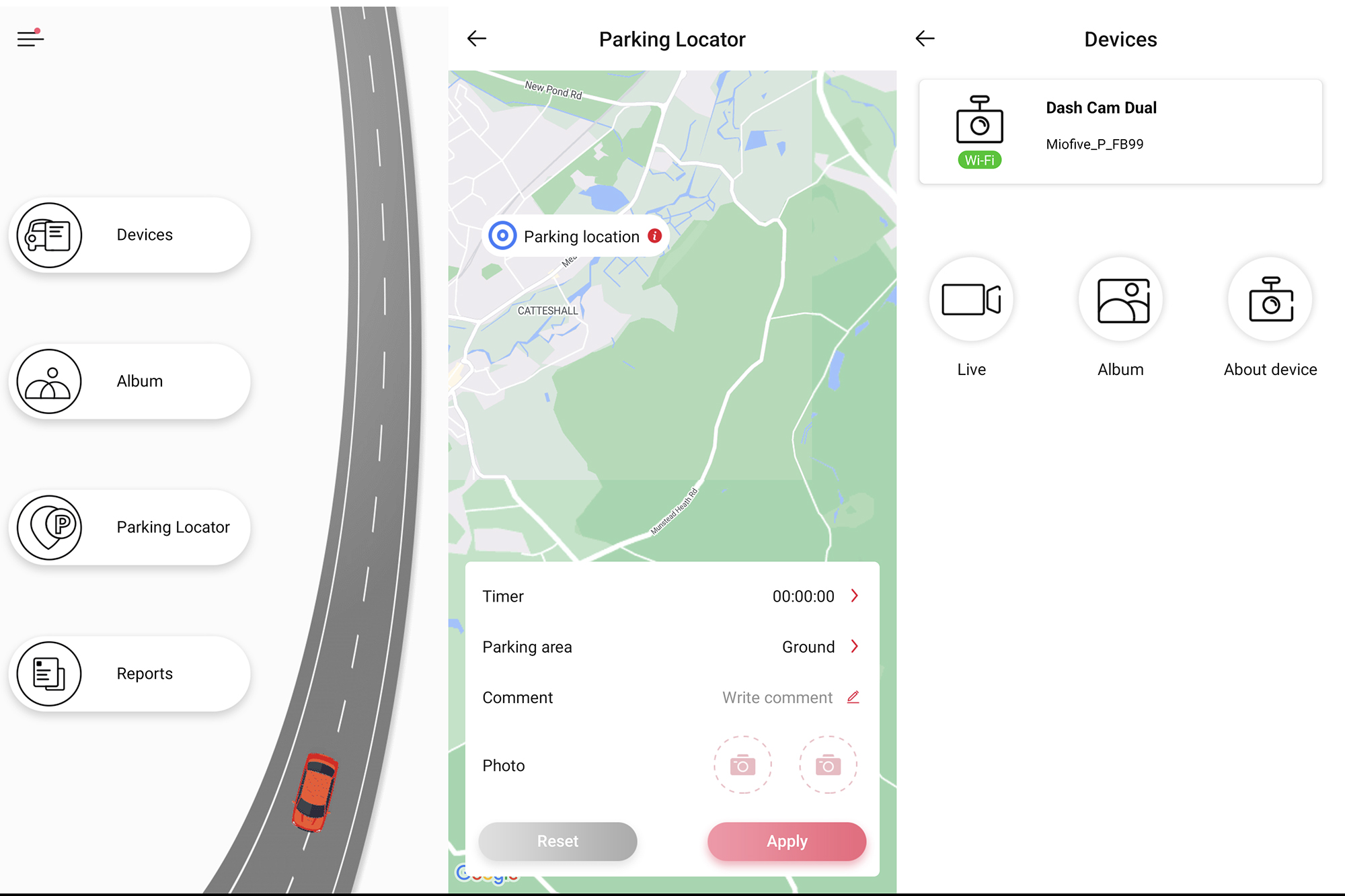 Screenshots of the Miofive Dual Dash Cam app menus