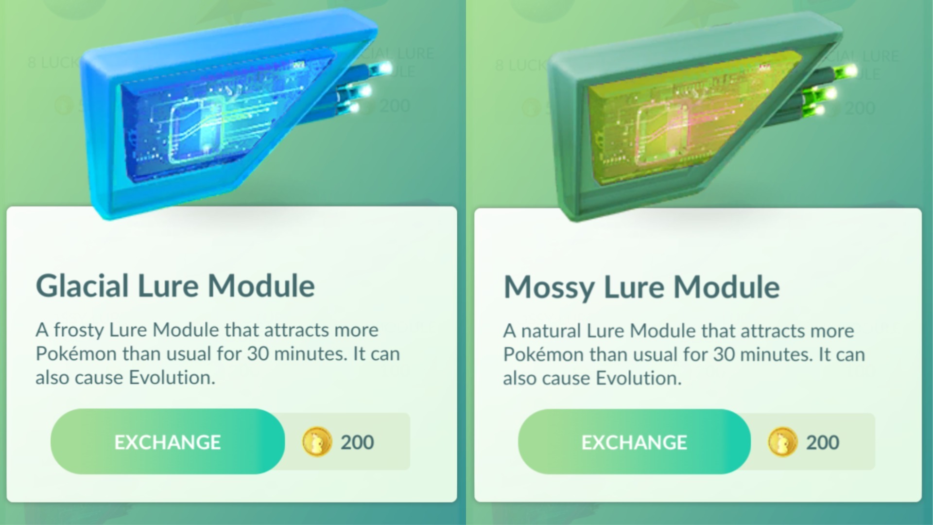 Pok&amp;eacute;mon Go Glacial Lure and Mossy Lure module screens