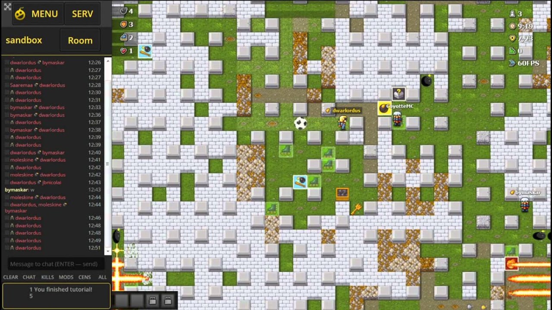 best online games &amp;ndash; A large field from a top down perspective with many obstacles and player characters placing bombs