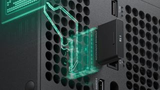 A Seagate Storage Expansion Card for Xbox Series X plugged directly into the back of an Xbox Series X console