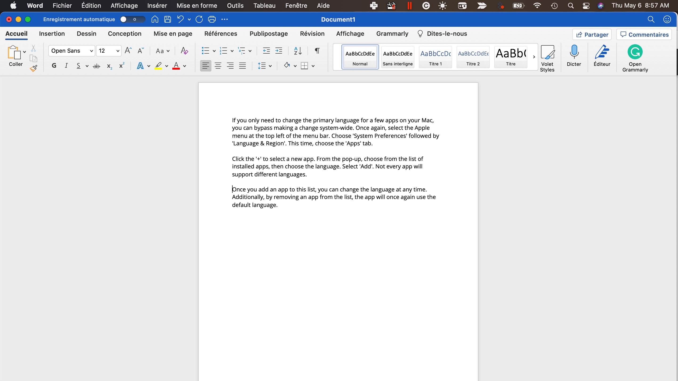 Microsoft Word with French as default language