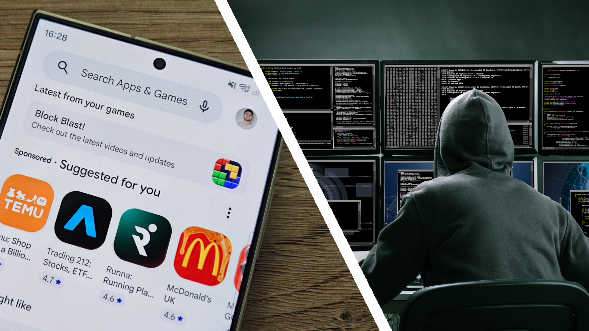 Man at computers next to google play store screen