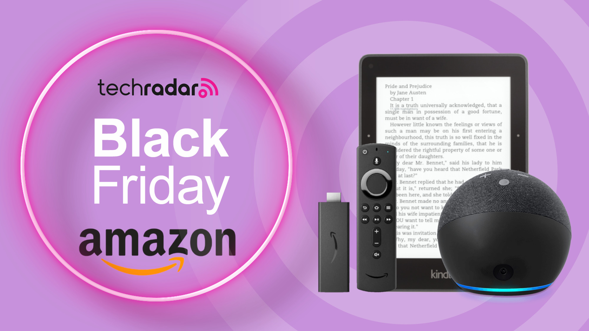 Amazon Kindle, Fire TV Stick, and Echo on purple background with black friday deals text overlay