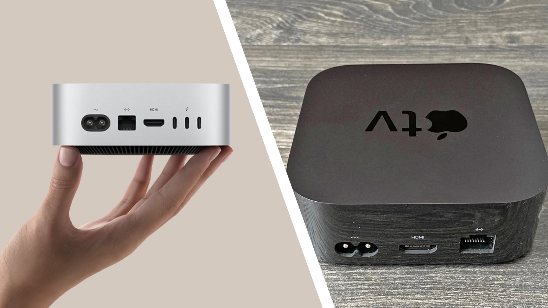 A split image, with a hand holding the Mac Mini M4 on the left, and a photo of the Apple TV 4K on the right