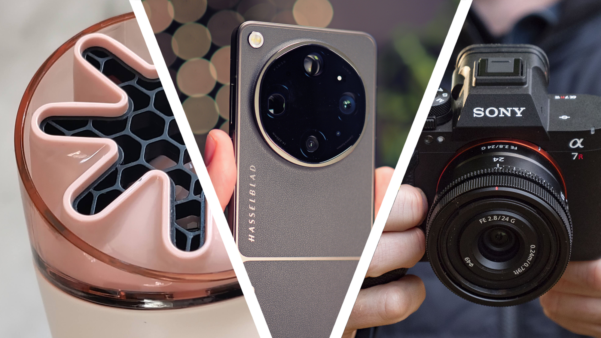 The top of a Dyson HushJet Mini Cool fan next to a hand holding the Oppo Find X9 Ultra, next to two hands holding a Sony A7R VI