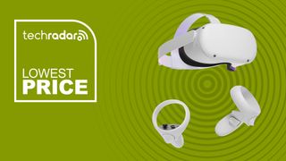 A Meta Quest 2 headset on a green background with white lowest price text