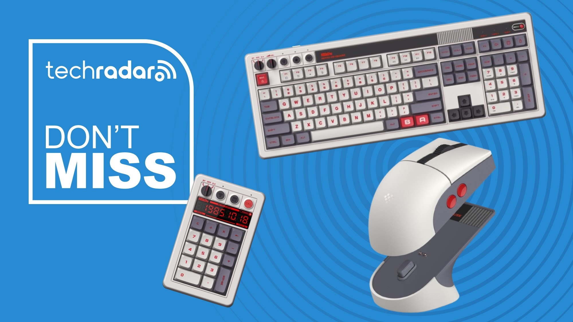 The 8BitDo N-Edition keyboard, mouse, and numpad on a blue background with a white TechRadar badge in the upper left corner reading 'Don't Miss'