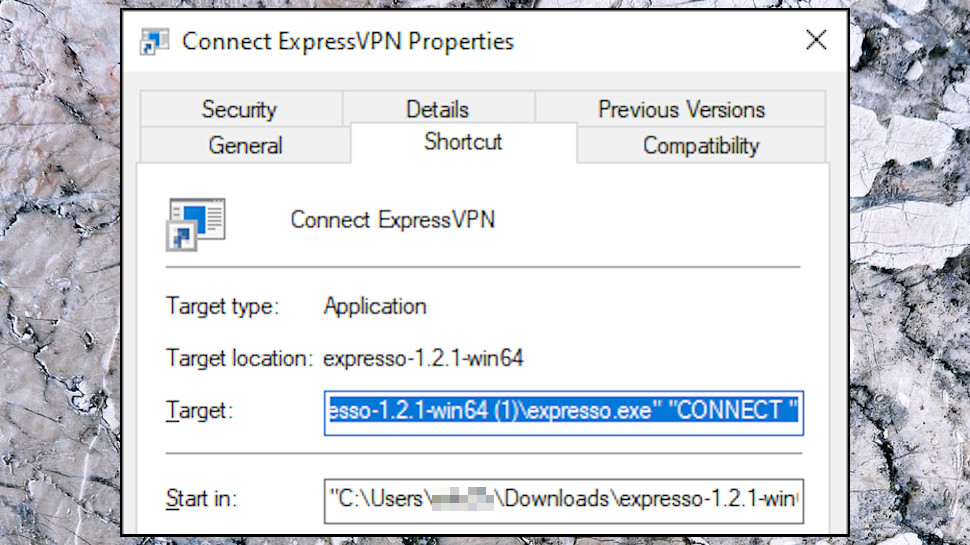 The Windows shortcut Properties box