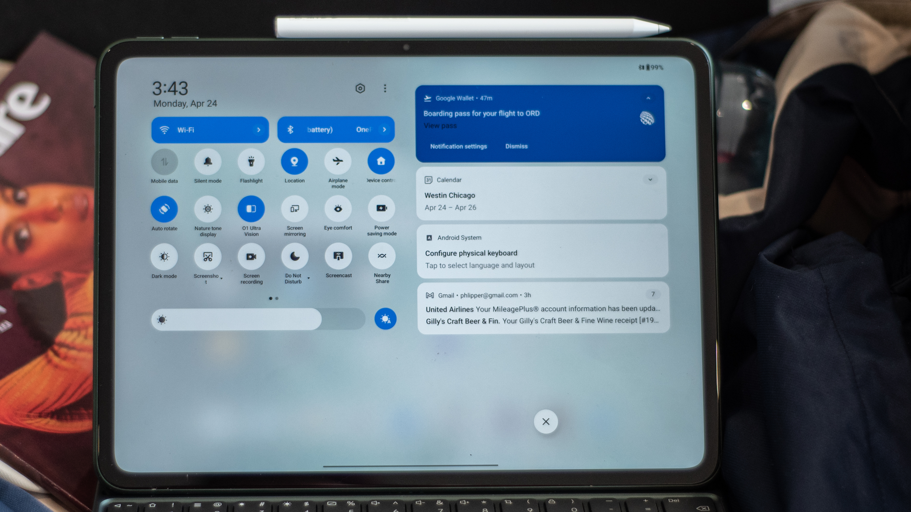 OnePlus Pad showing the settings control panel shade