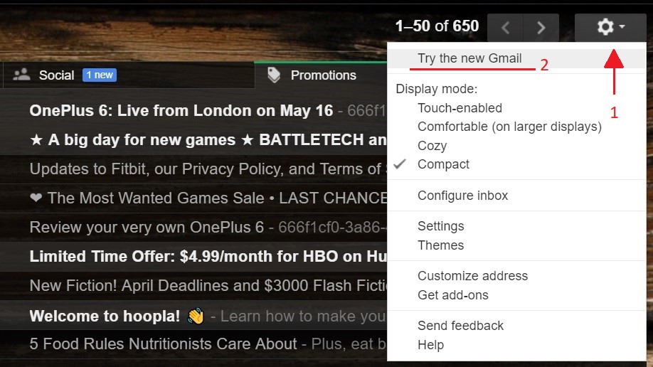 Buttons to activate new Gmail