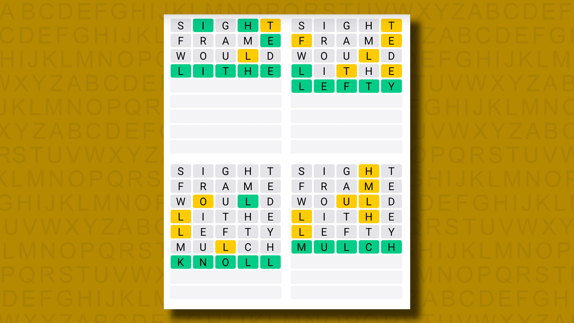 Quordle answers for game 1171 on a yellow background