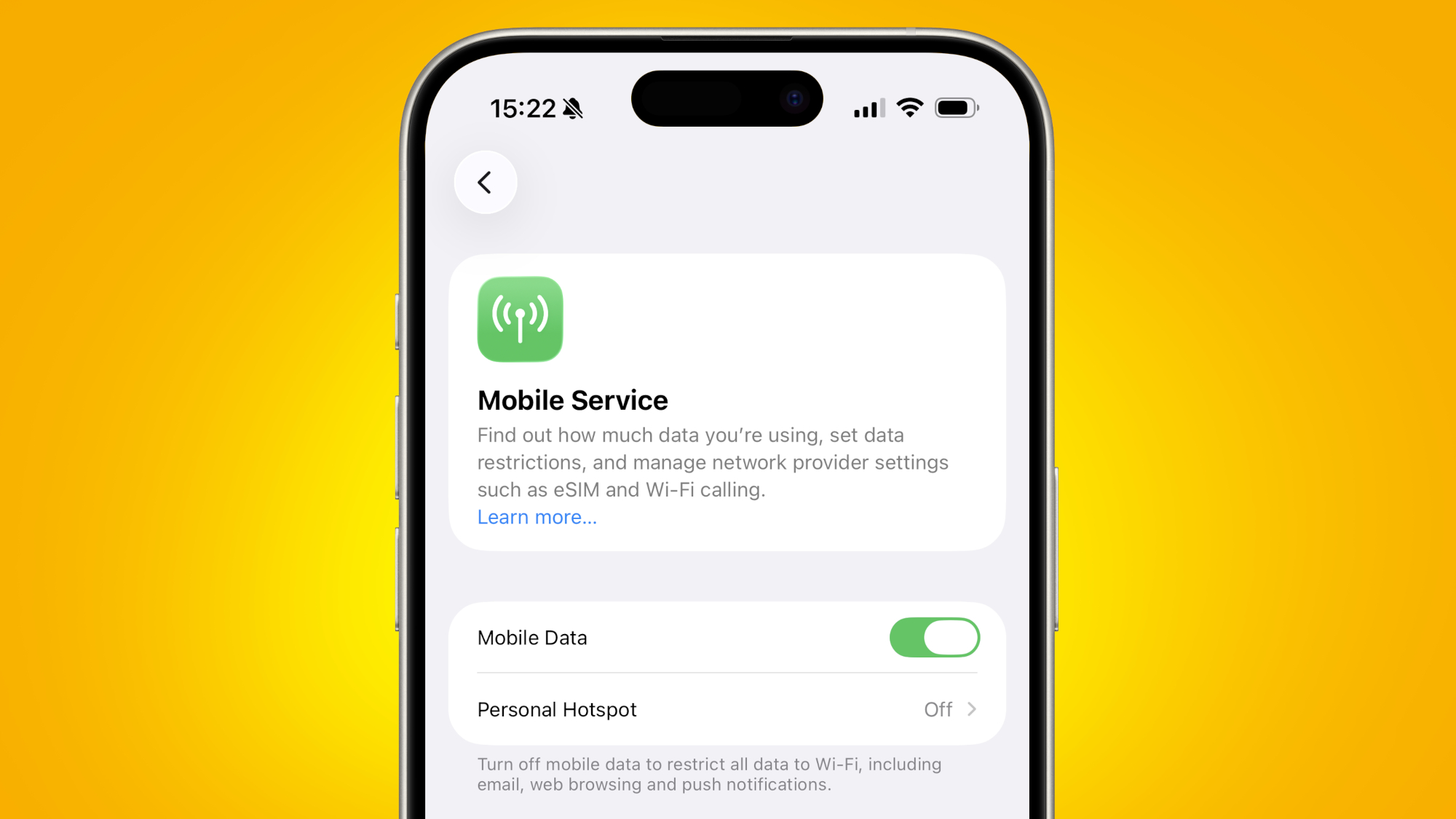 The Mobile Service interface in iOS 26