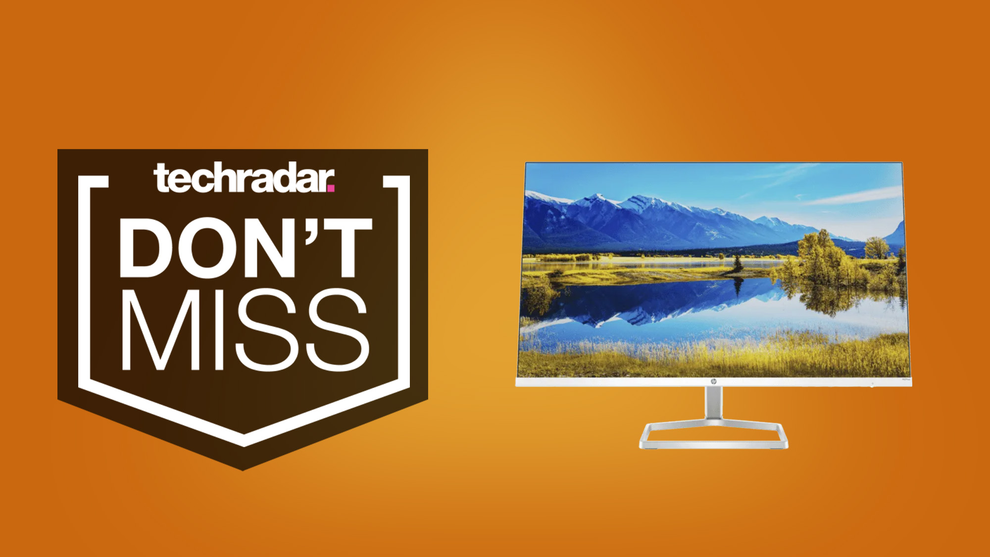 HP monitor on orange background next to white words 'don't miss'