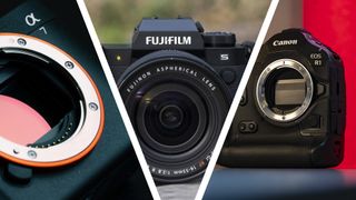 Three cameras from left to right; close up of the Sony A7 and its sensor, front on of the Fujifilm X-H2S and the Canon EOS R1 with no lens and a bright red backdrop