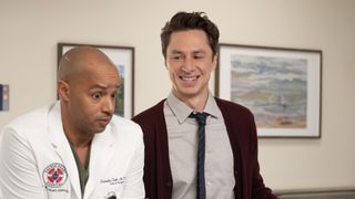 Donald Faison as Dr. Chris Turk and Zach Braff as Dr. John "J.D." Dorian in a still from an episode of Scrubs season 10.