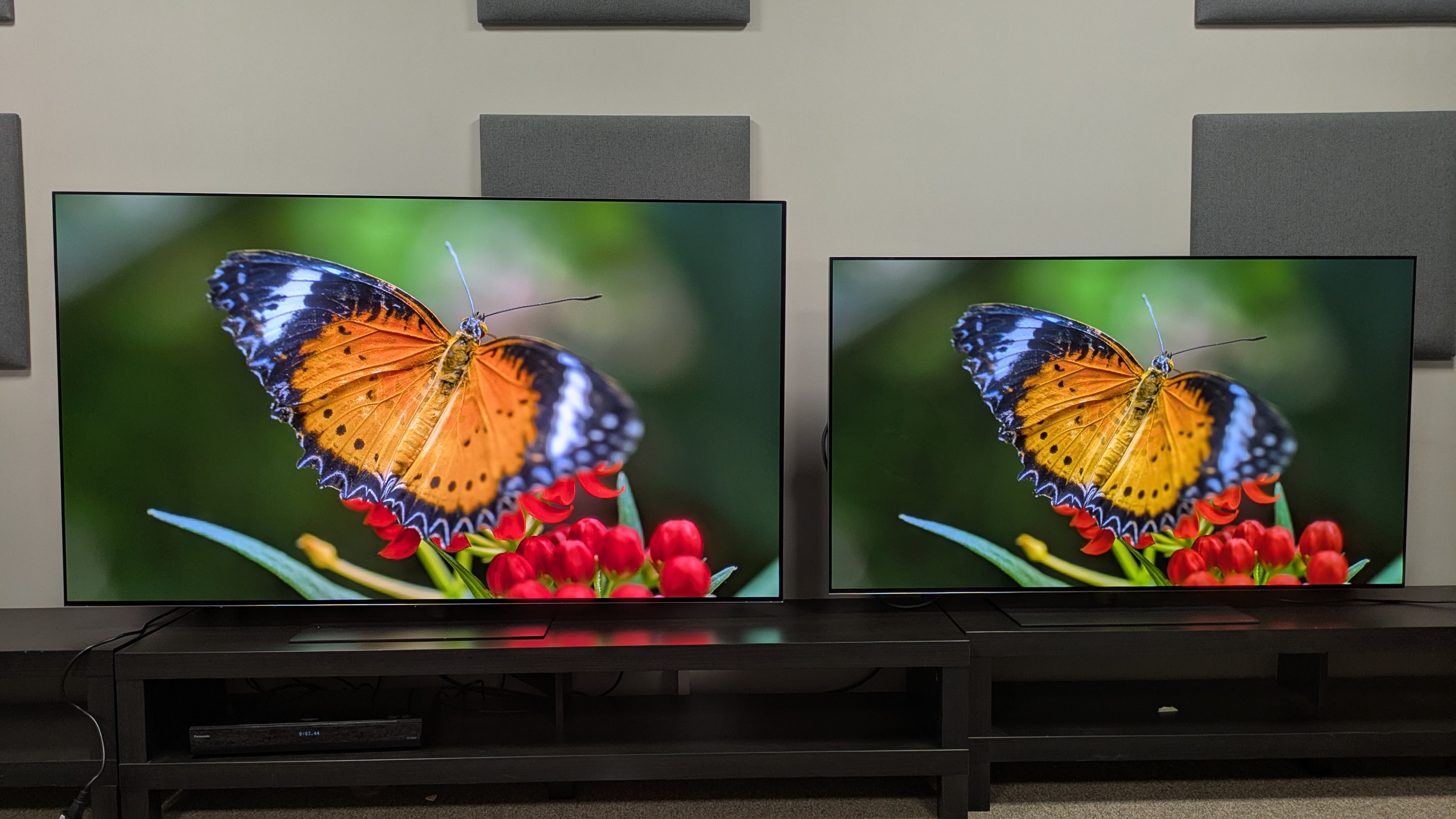 The LG G6 (left) and LG G5 (right) showing an orange butterfly on screen. The G6 has much bolder, richer colors compared to the G5 