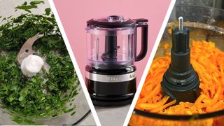 Split image of herbs chopped using mini food processor, KitchenAid Mini Chopper, and carrot grated using mini food processor