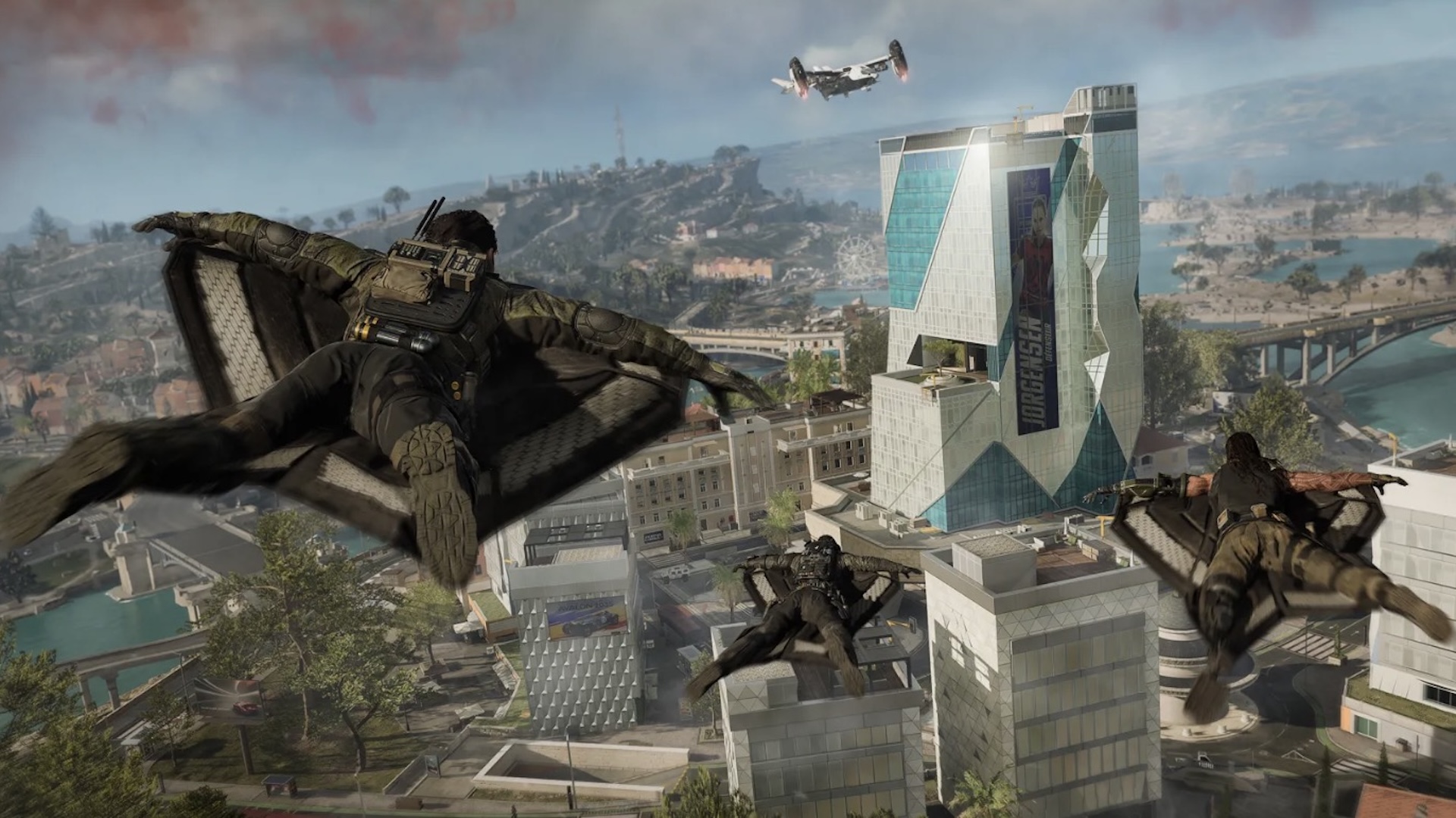 Soldiers use wing suits to fly over a futuristic city