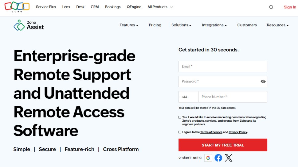 Website screenshot of Zoho Assist (November, 2025)