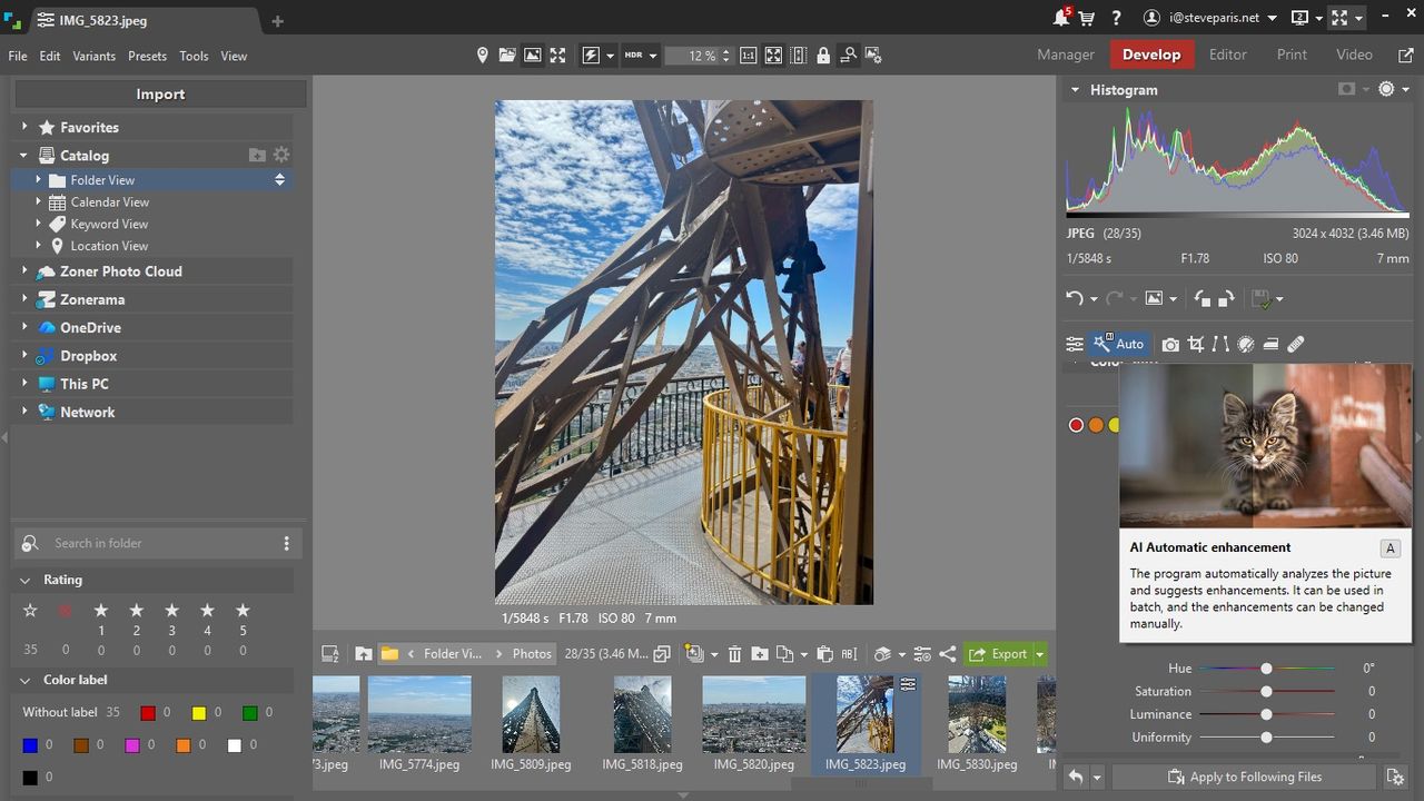 Zoner Studio during our testing process editing photos