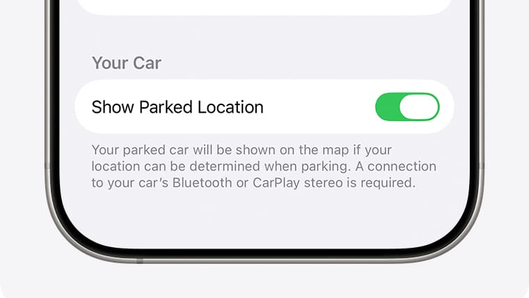 An iOS settings page with the Show Parked Car toggle.