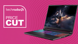Acer Nitro V 16S laptop on a pink background with radar motif, next to text reading 'TechRadar Price Cut'