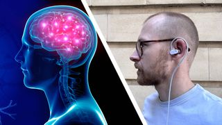 Stock image of brain activity juxtaposed with caucasian man wearing Nurosym 