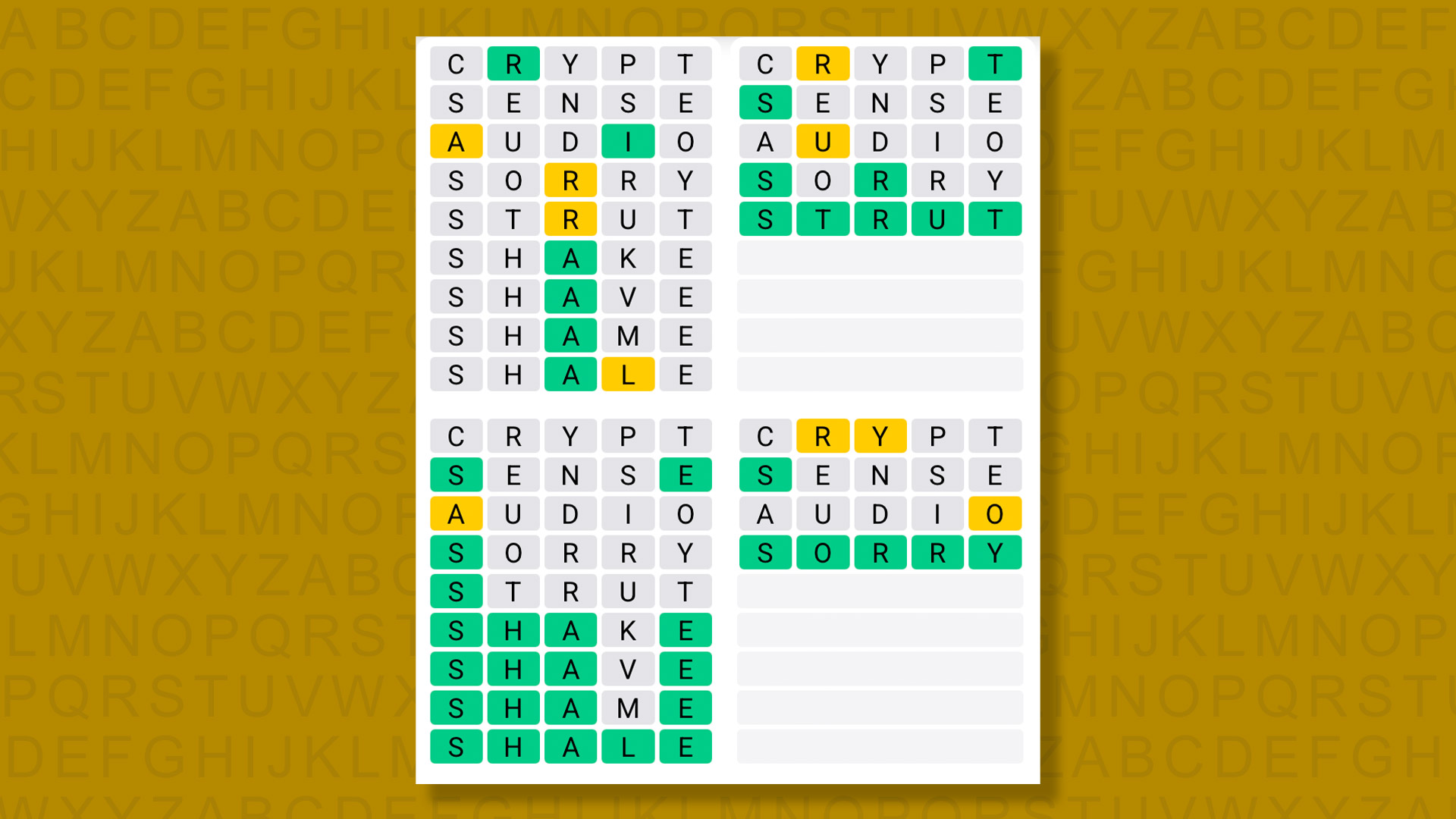Quordle Daily Sequence answers for game 1590 on a yellow background