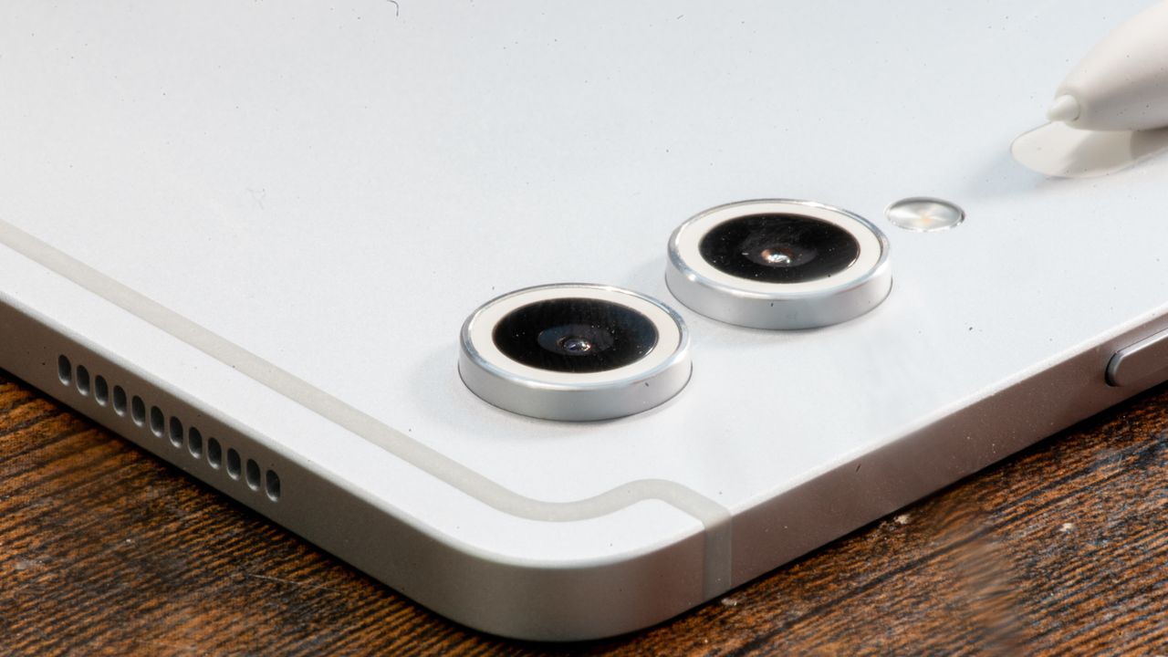 Samsung Galaxy Tab S10 Ultra close. upof back showing cameras and S Pen