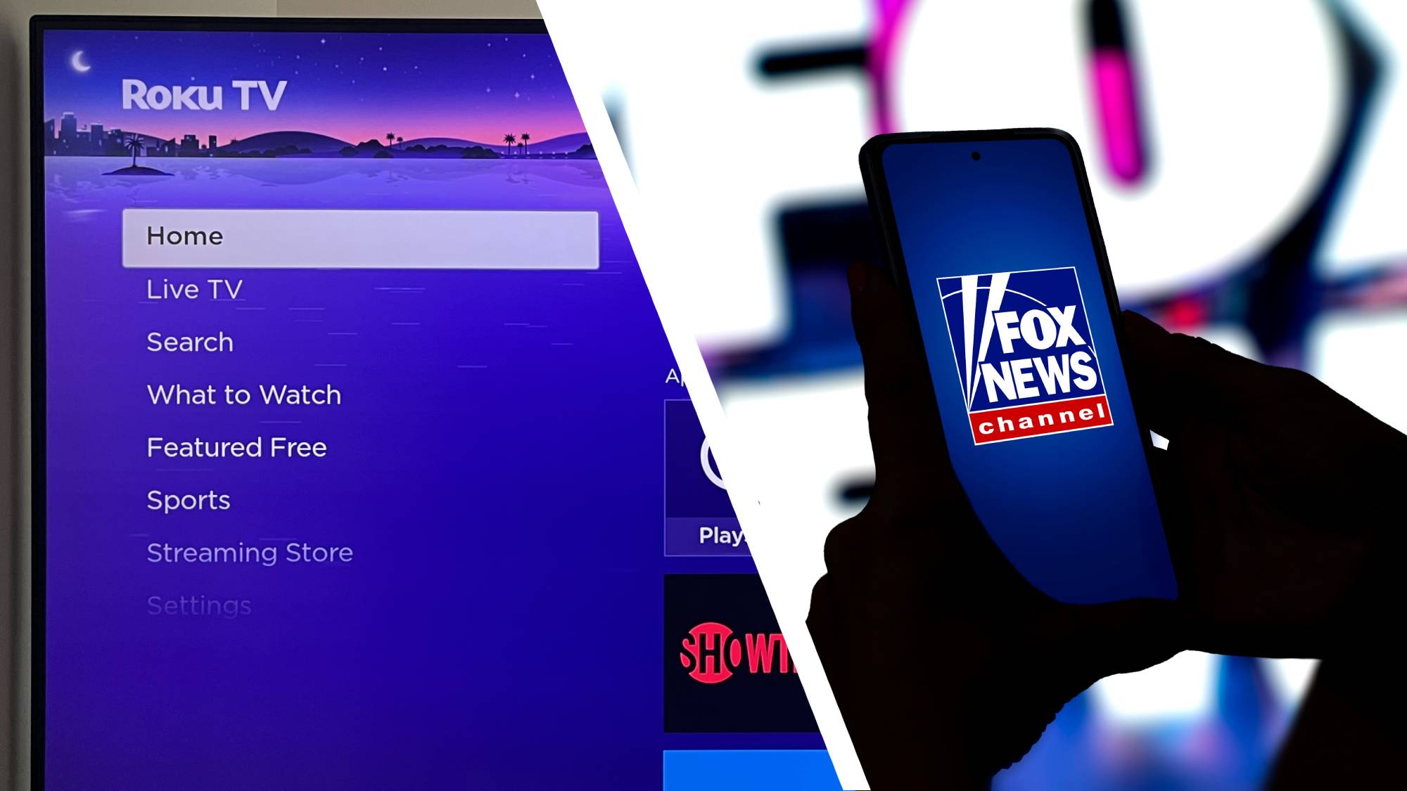 The Roku homescreen next to a smartphone with the Fox News app
