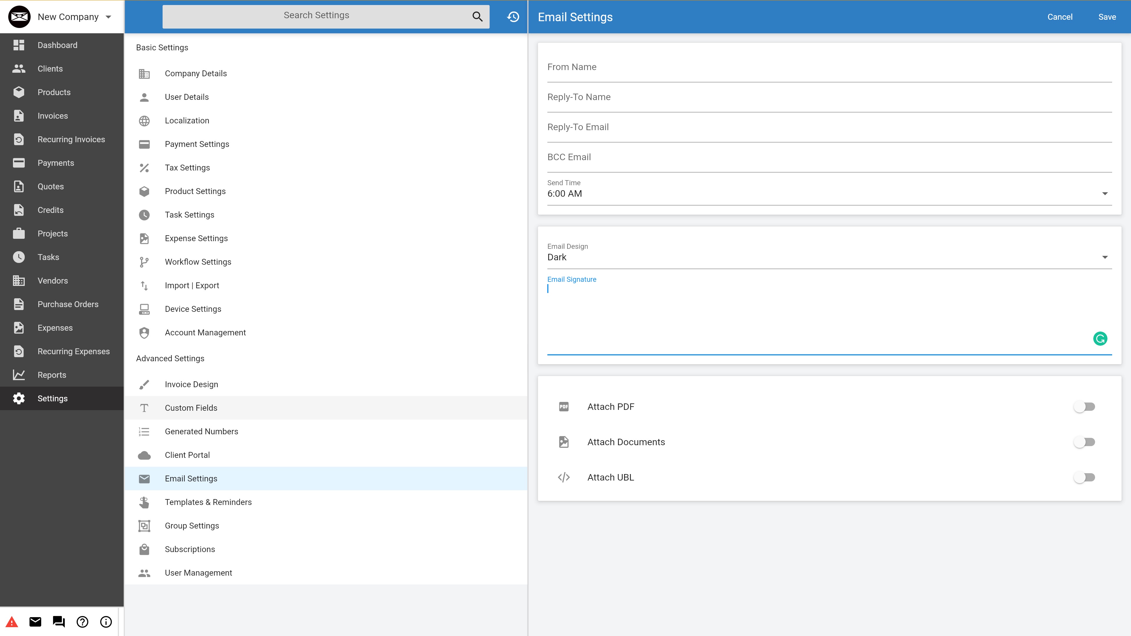 Invoice Ninja email settings