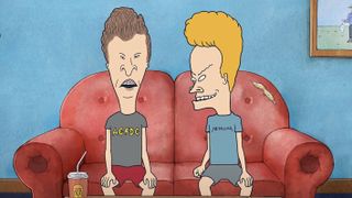 Cartoon of Beavis and Butt-Head sitting on a red couch