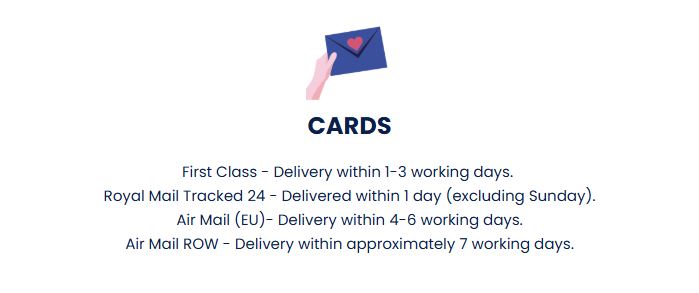 An informative image outlining the various delivery options available at Moonpig. Reading "First Class - Delivery within 1-3 working days. Royal Mail Tracked 24 - Delivered within 1 day (excluding Sunday). Air Mail (EU)- Delivery within 4-6 working days. Air Mail ROW - Delivery within approximately 7 working days."