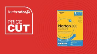 An image with the TechRadar logo above a price cut logo, with an image of the Norton 360 Standard package.