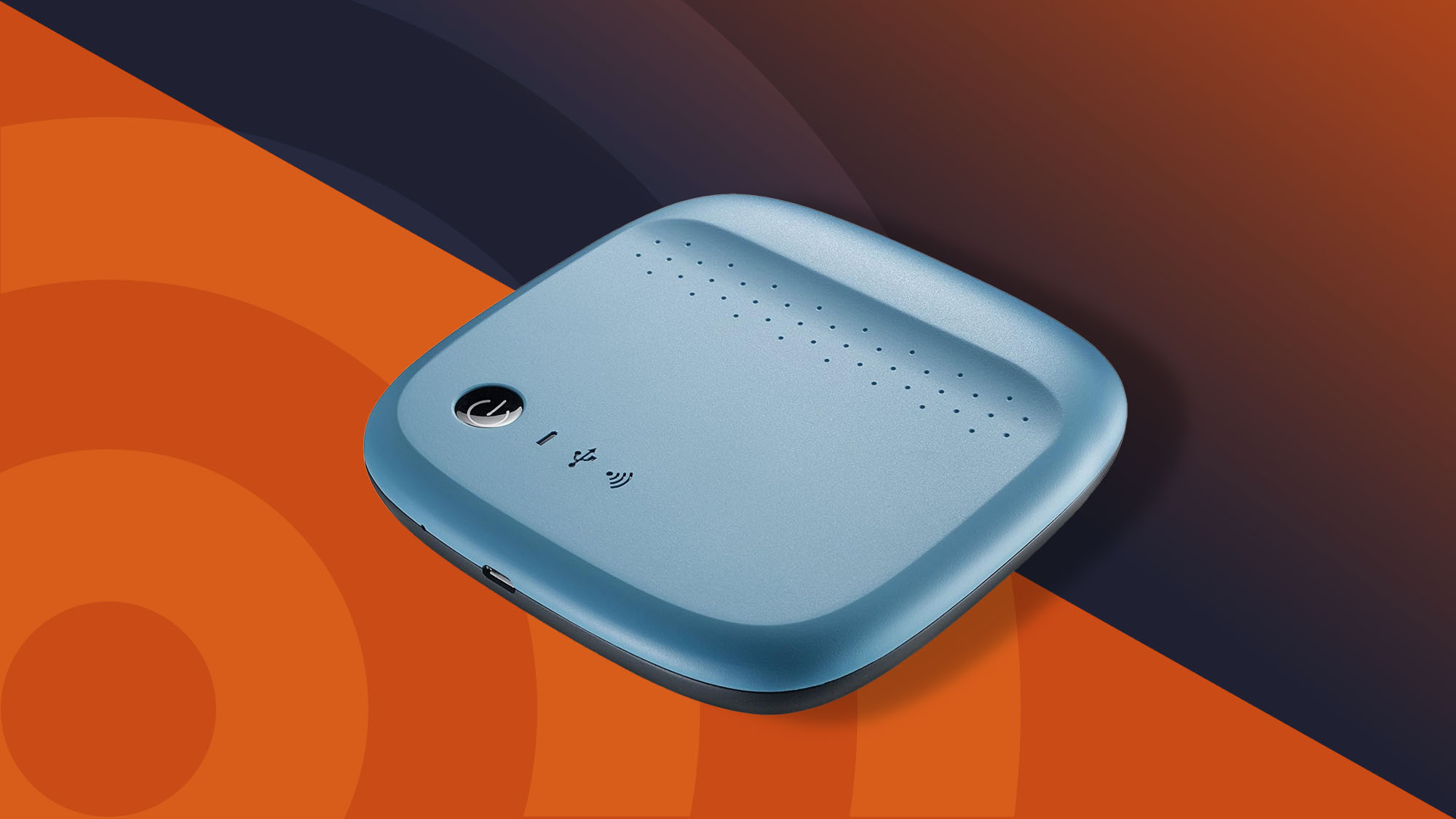 The Seagate Wireless 500GB Mobile Storage, one of the best wireless drive picks, against a two tone background