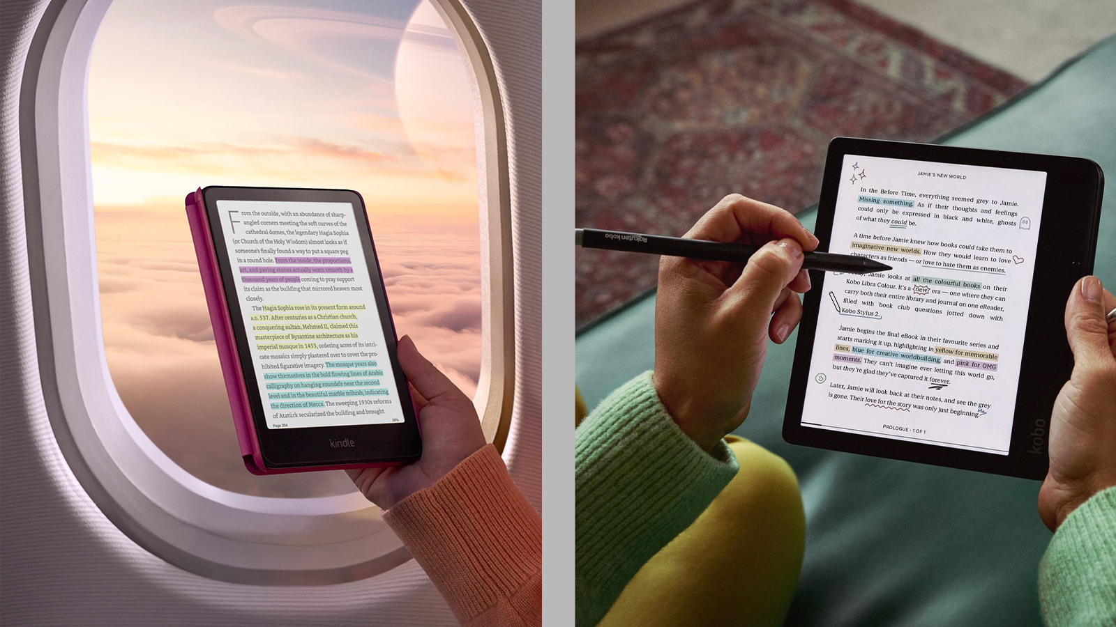 Two images of people using different ereaders &ndash; the Kindle Colorsoft on an airplane and someone writing on the Kobo Libra Colour