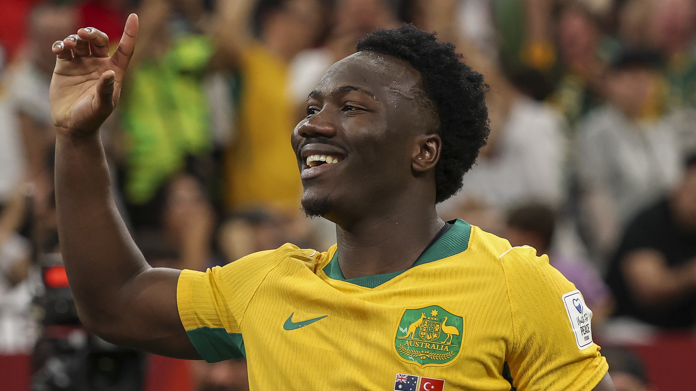 Nestory Irankunda of Australia celebrates scoring his team's first goal of the FIFA World Cup 2026 Group D match against T&uuml;rkiye at BC Place Vancouver on June 13, 2026 in Vancouver, British Columbia