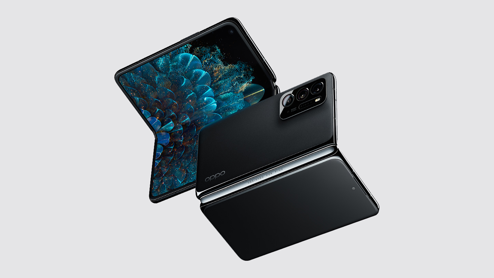 Two Oppo Find N foldable phones, showing the front and back of the handsets