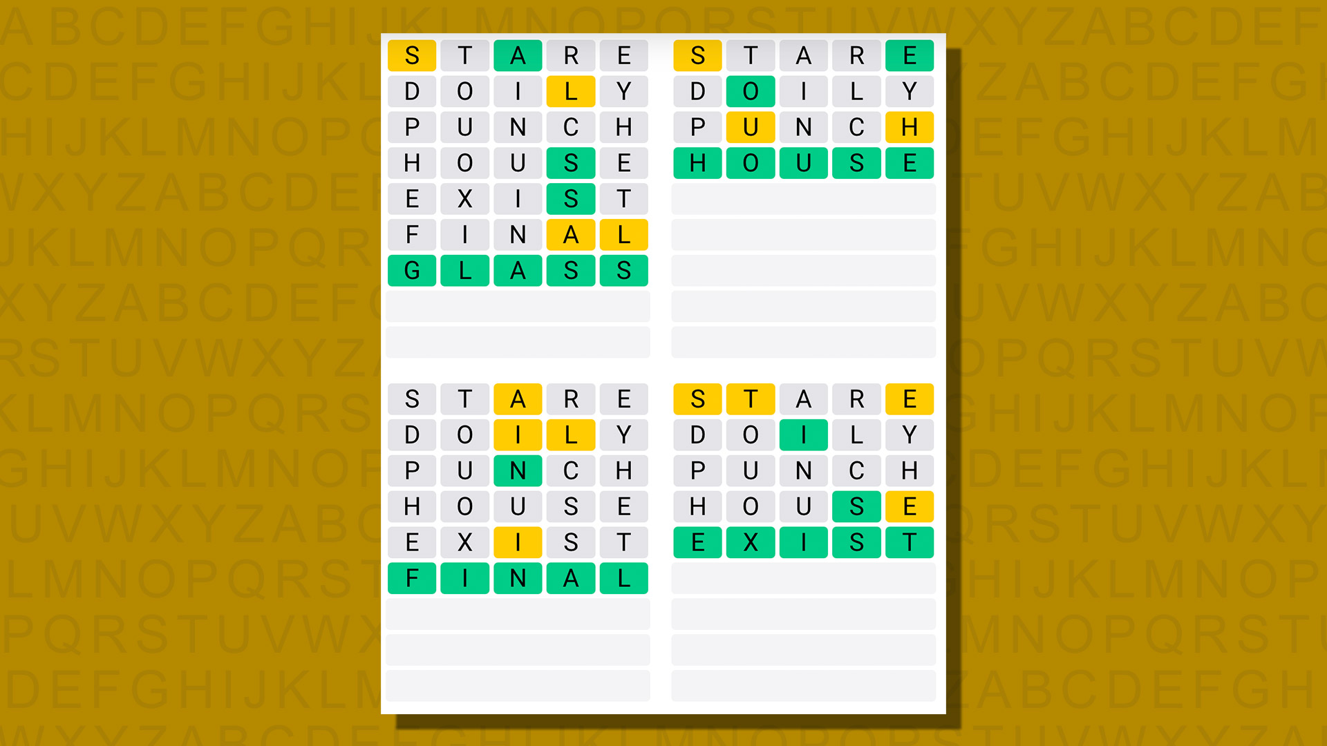 Quordle answers for game 779 on a yellow background