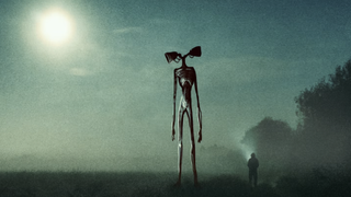 A large cryptid with two sirens for its head stands in a dark forest with a human significantly shorter than it.