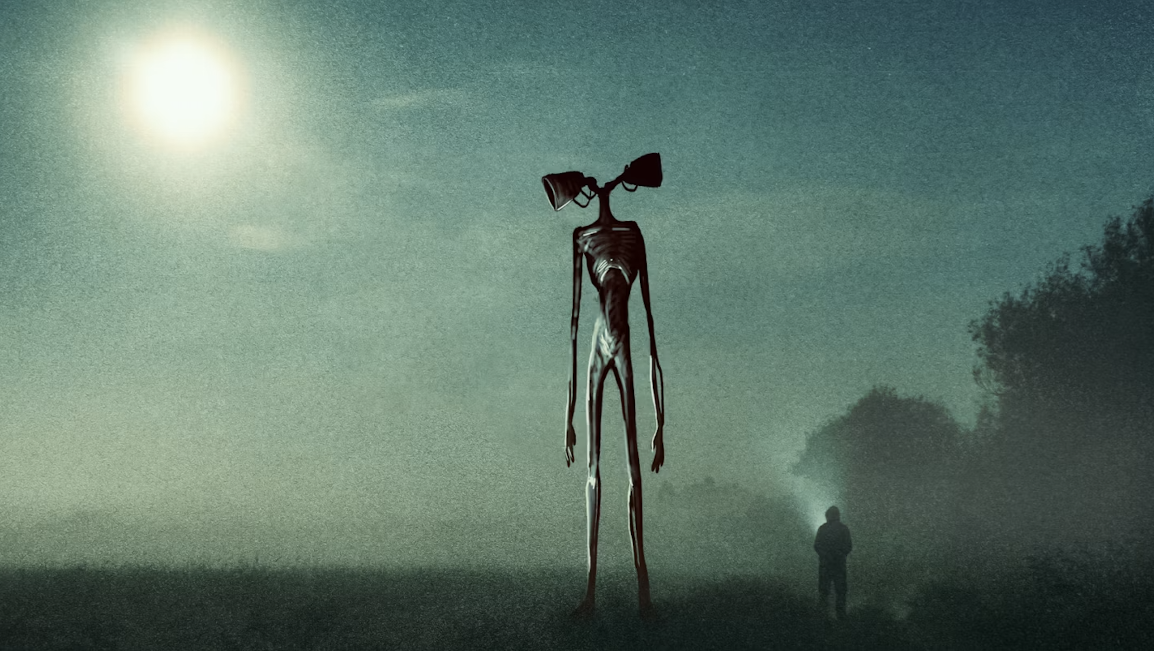 A large cryptid with two sirens for its head stands in a dark forest with a human significantly shorter than it.