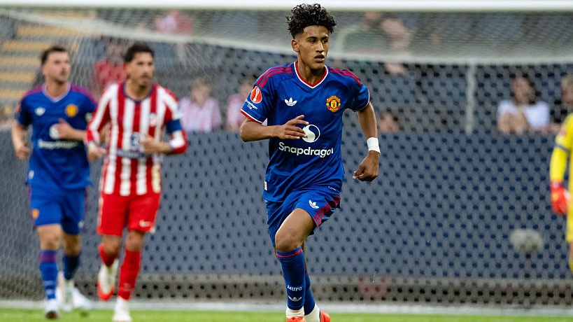JJ Gabriel of Manchester United looks on during the pre-season friendly match between Manchester United and Atletico de Madrid at Strawberry Arena on August 01, 2026 in Solna, Sweden.