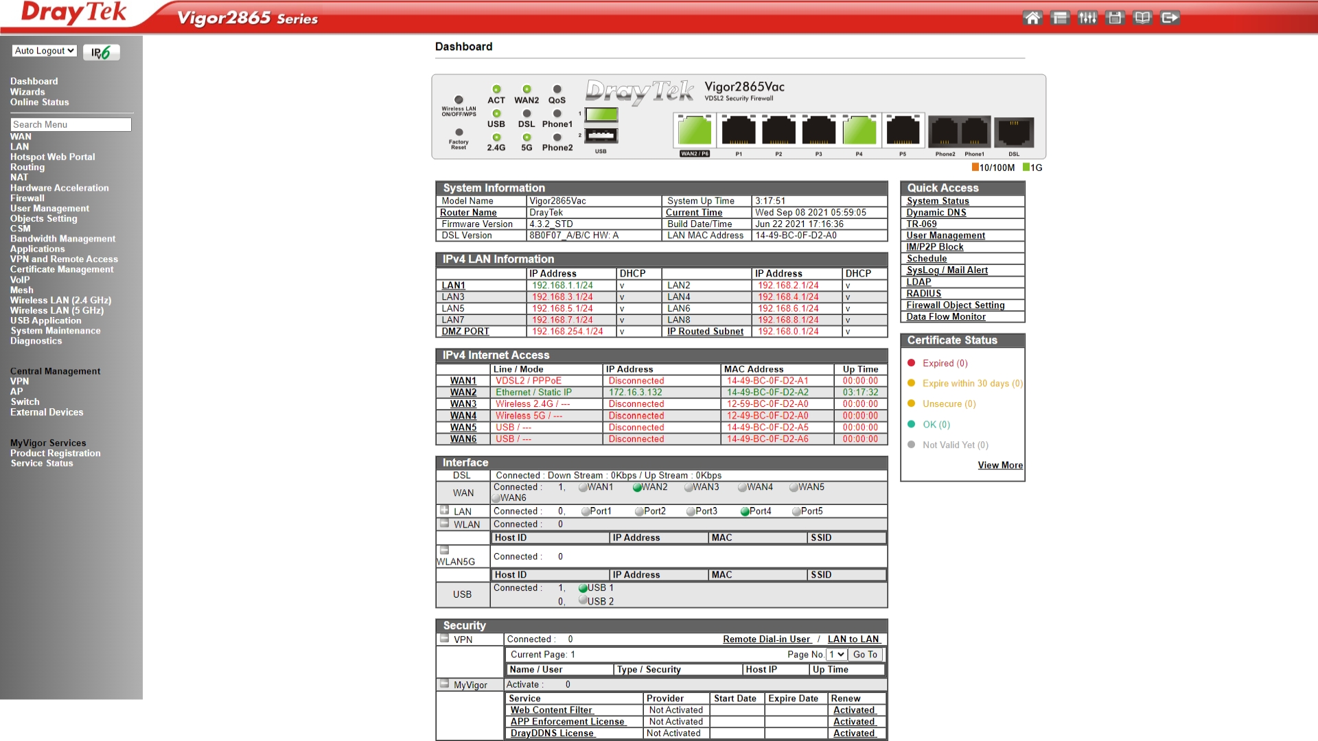 The DrayTek Vigor2865ax router's web interface