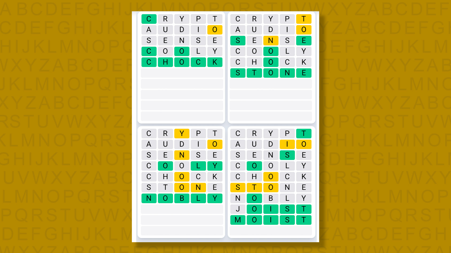 Quordle Daily Sequence answers for game 1593 on a yellow background