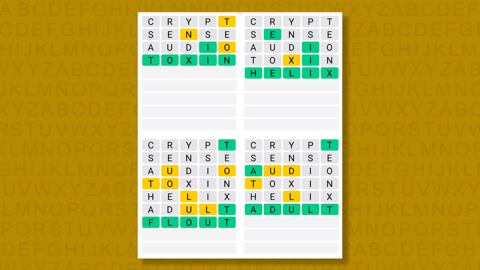 Quordle answers for game 1565 on a yellow background
