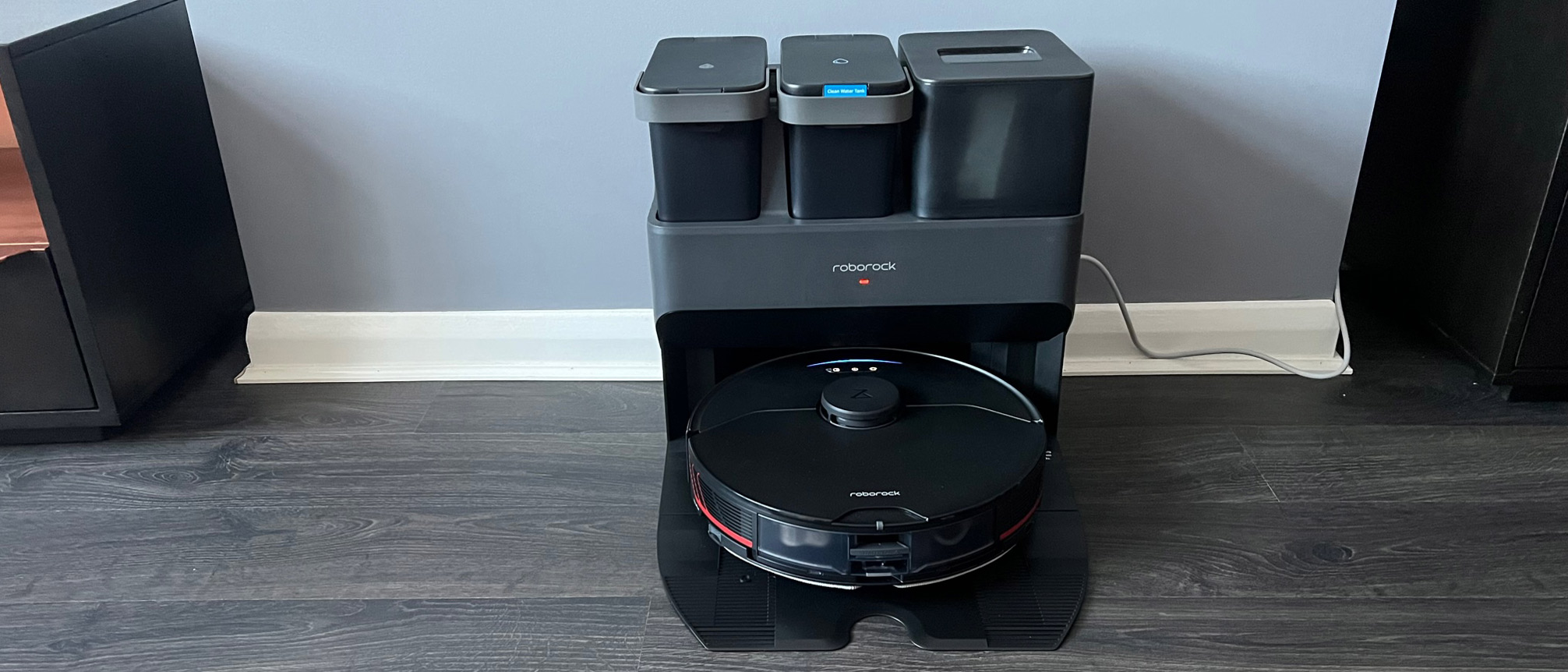 The Roborock S7 MaxV Ultra docked on its base station