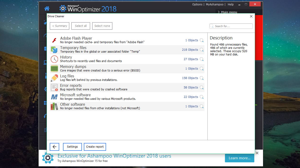Ashampoo WinOptimizer 2018 scan results
