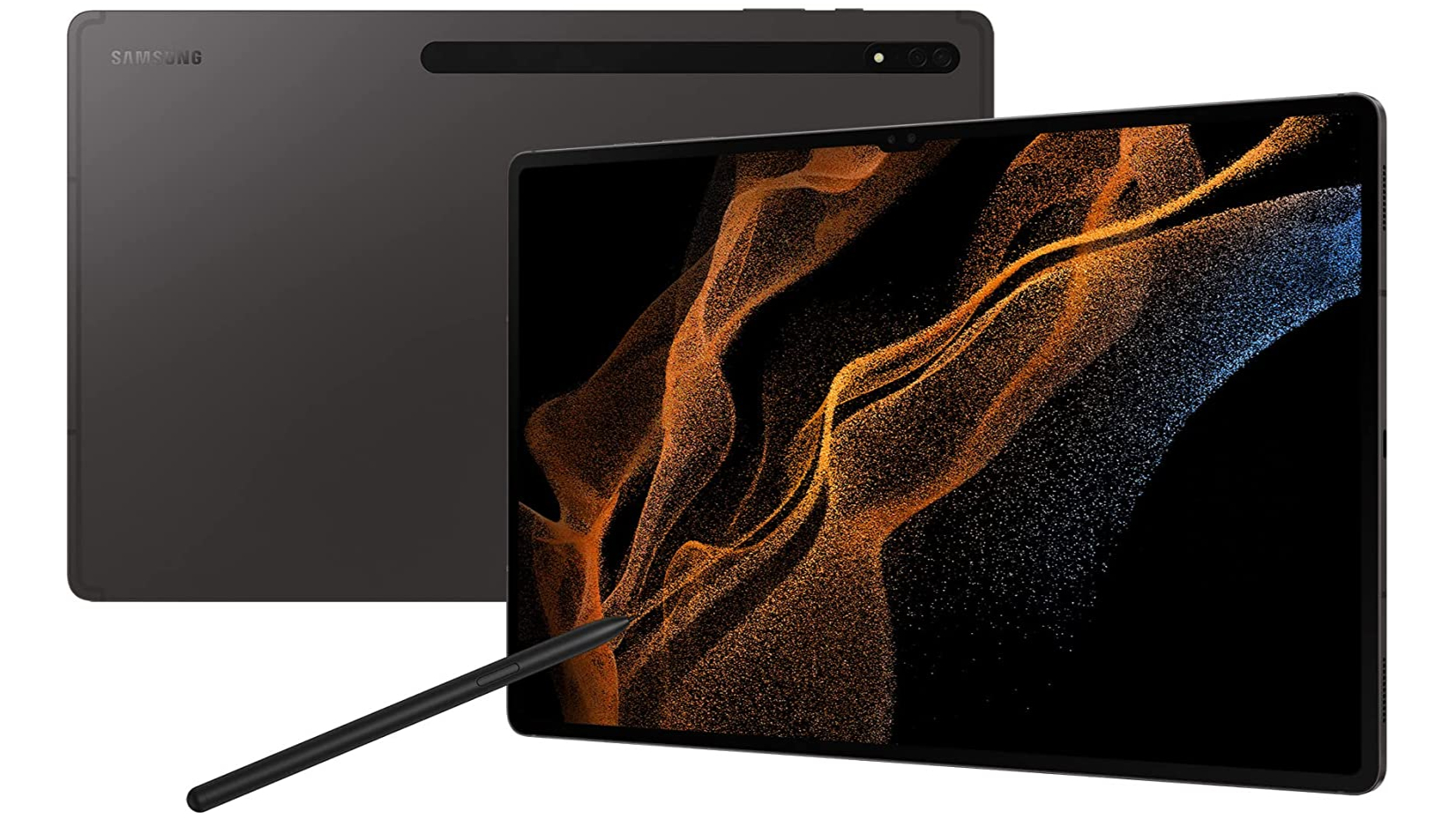 Front and Back of the Samsung Galaxy Tab S8 Ultra with black stylus pen