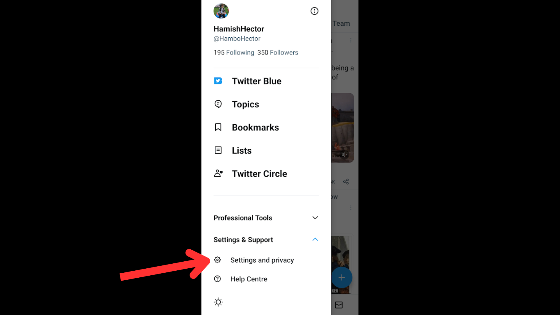 A red arrow points to the 'Security and privacy' option in Twitter's app menu