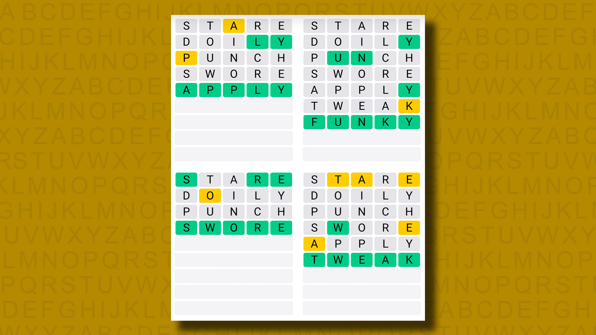 Quordle answers for game 883 on a yellow background